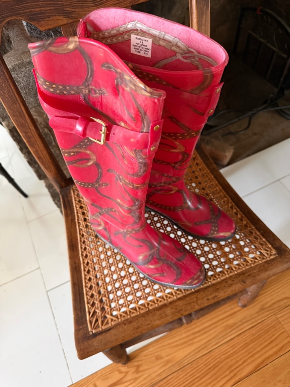 Lauren Ralph Lauren Red Printed Knee-High Rain Boots with Buckle Detail